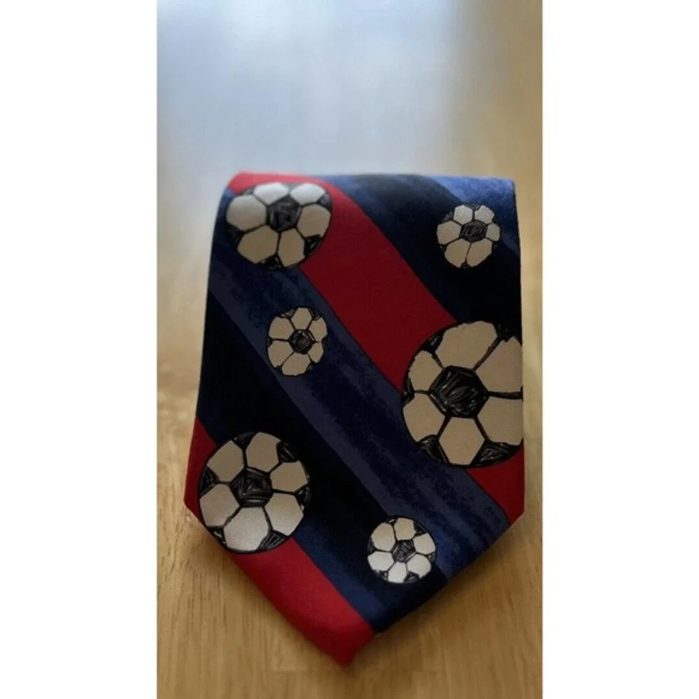 Save The Children Soccer Rules Red Blue Striped Silk 3.75” Made In USA Men’s Tie